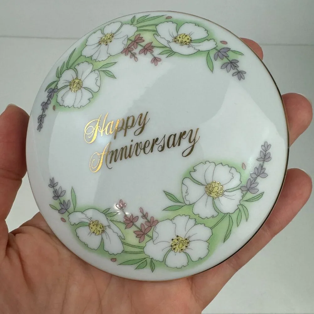 Vtg Simson Corp Round Happy Anniversary Gold Accents Floral Trinket‎ Dish Japan
